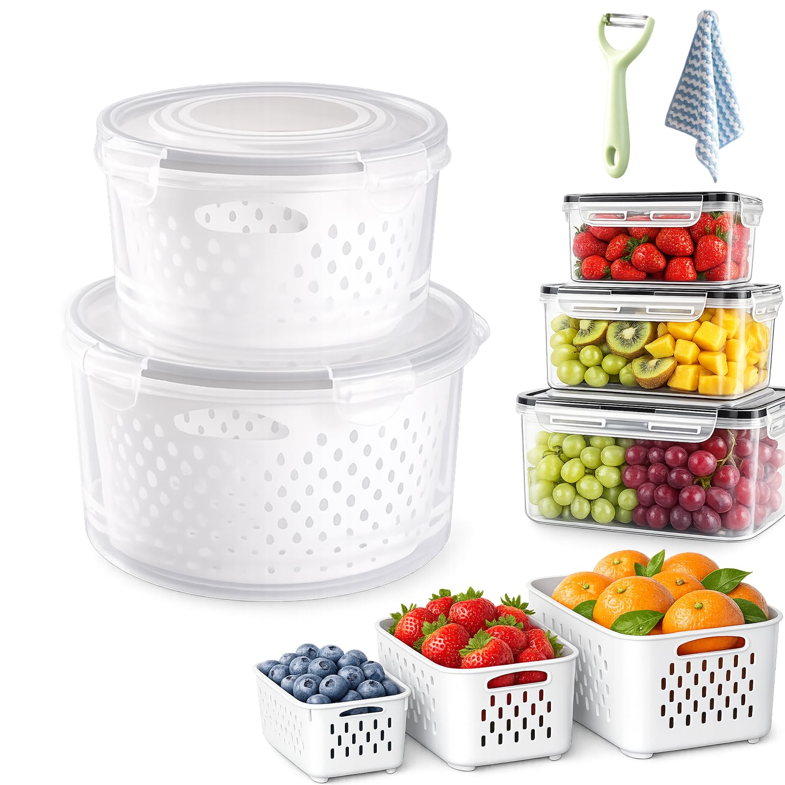 4-in-1 Produce Storage Containers, Fruit Storage Containers for Fridge with Removable Colander & Lid, Airtight Plastic Food Box with Drain Basket for Vegetable & Kitchen Organization (Round,M+L)