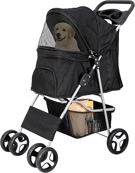 4 Wheels Pet Stroller Dog Cat Stroller for Small Medium Dog Cats Foldable Carrier Jogger Travel Puppy with Storage Basket and Cup Holder (Black)