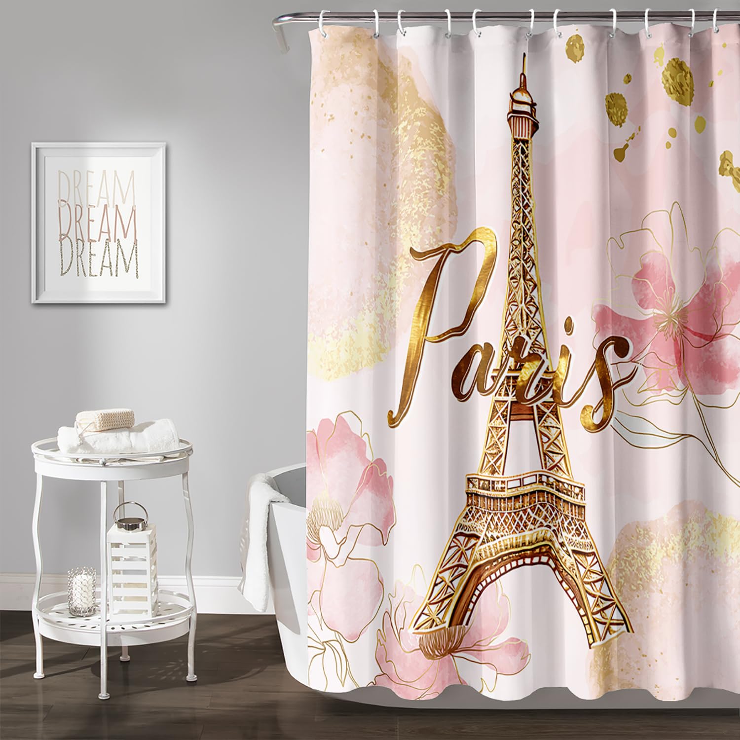 AILONEN Pink and Gold Eiffel Tower Shower Curtain,Watercolor Flower Paris Themed Bath Curtain,Waterproof Bathroom Pink Curtain with 12 Plastic Hooks, 36