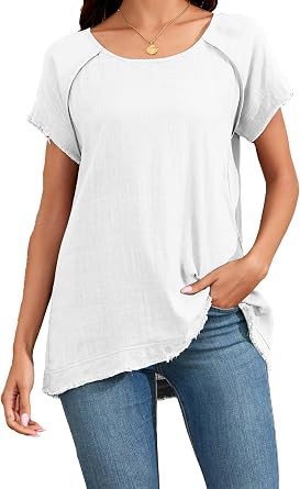 Famulily Womens Boho Short Sleeve Linen Tops Crew Neck Summer T-Shirt Loose Casual Raw Edge Hem Tunic Blouse
