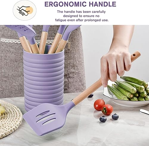 Miniatura 5 de Juego de utensilios de cocina de silicona, juego de 8 utensilios de cocina con mango de madera, juego de utensilios de silicona antiadherentes con