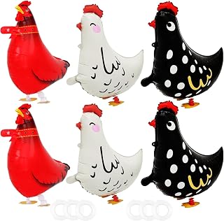 6 Pcs Walking Chicken Animal Balloons, White Red and Black Chicken Foil Mylar Balloon for Baby Shower Farm Birthday Party Decorations Supplies