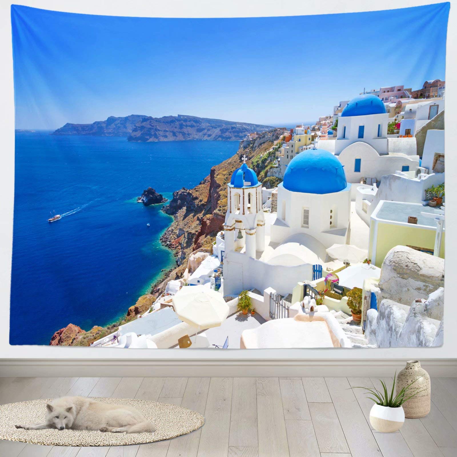Loccor Greece Santorini Island Tapestry Greek Oia Village Building Blue Coastline Wall Tapestry Europe Landmark Wall Hanging Aegean Sea View Wall Art for Living Room Bedroom Dorm Home Decor 80x60inch