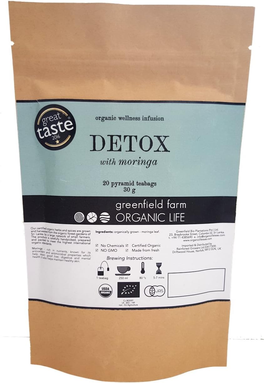 Detox Moringa Organic Tea Bags - Herbal Infusion 15 Pyramid Tea Bags Whole Leaf – Greenfield Farm Organic Life- Can Help with Weight Loss