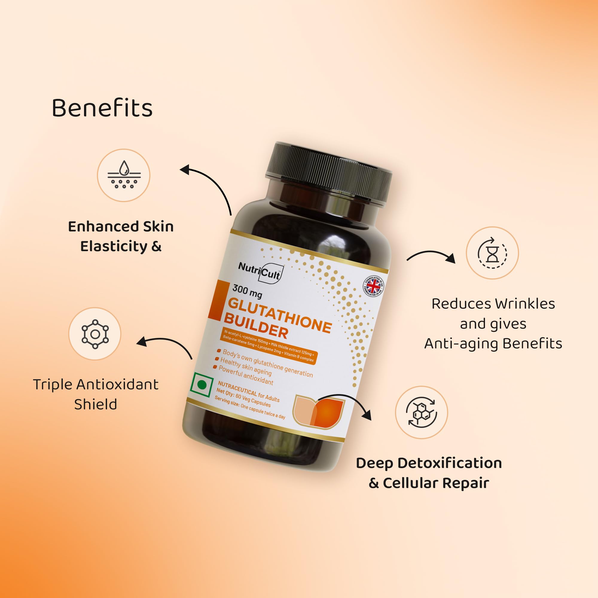 beta glutathione Nutricult Glutathione Builder Capsules – Glutathione Supplement with NAC,  Milk Thistle, Beta Carotene, B-Vitamins & Lycopene | For Skin Glow,  Antioxidant & Anti-Ageing Support