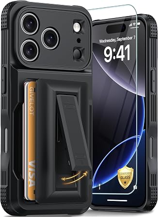 for iPhone 17 Pro Case with Card Holder4-5 Cards[RFID Blocking][9H Screen Protector ][Full Camera Protection][Hidden Kickstand] Rugged Heavy Duty Wallet Case for iPhone 17 Pro Black