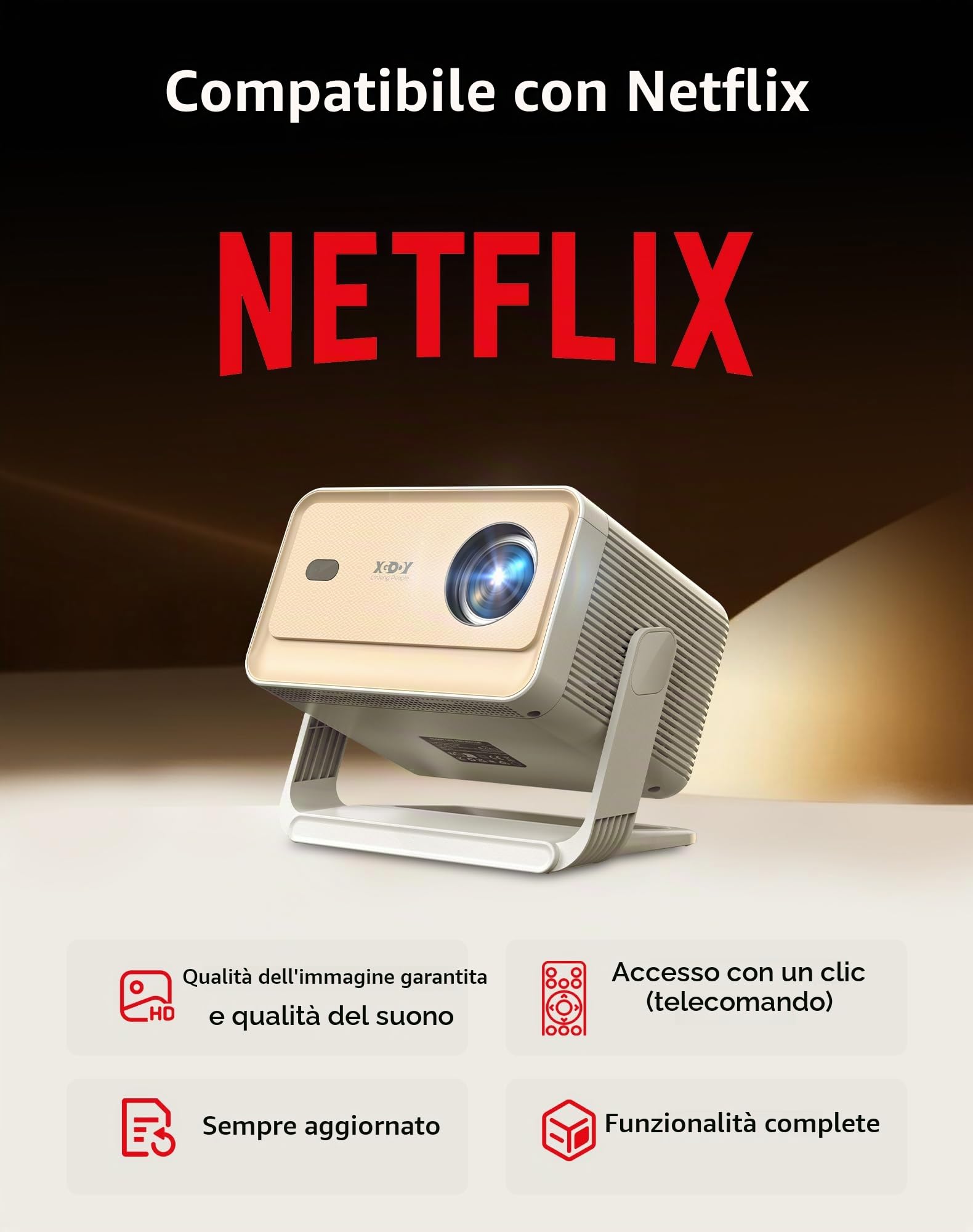 Xgody Gimbal N6 Pro Proiettore Videoproiettore Compatibile con Netflix, FHD 1080P Nativo Bluetooth, Calibrazione automatica dello schermo e controllo vocale, 700 ANSI Luminosità, WiFi 6