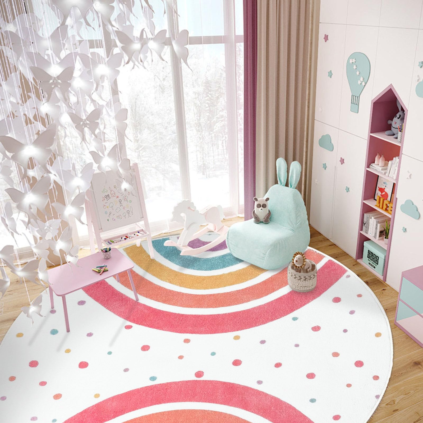 SKGULE Kids Round Rug Cute Colorful Rainbow Washable Playroom Rugs Soft Non-Slip Nursery Classroom Rug Large Circle Carpet for Kids Bedroom Playroom