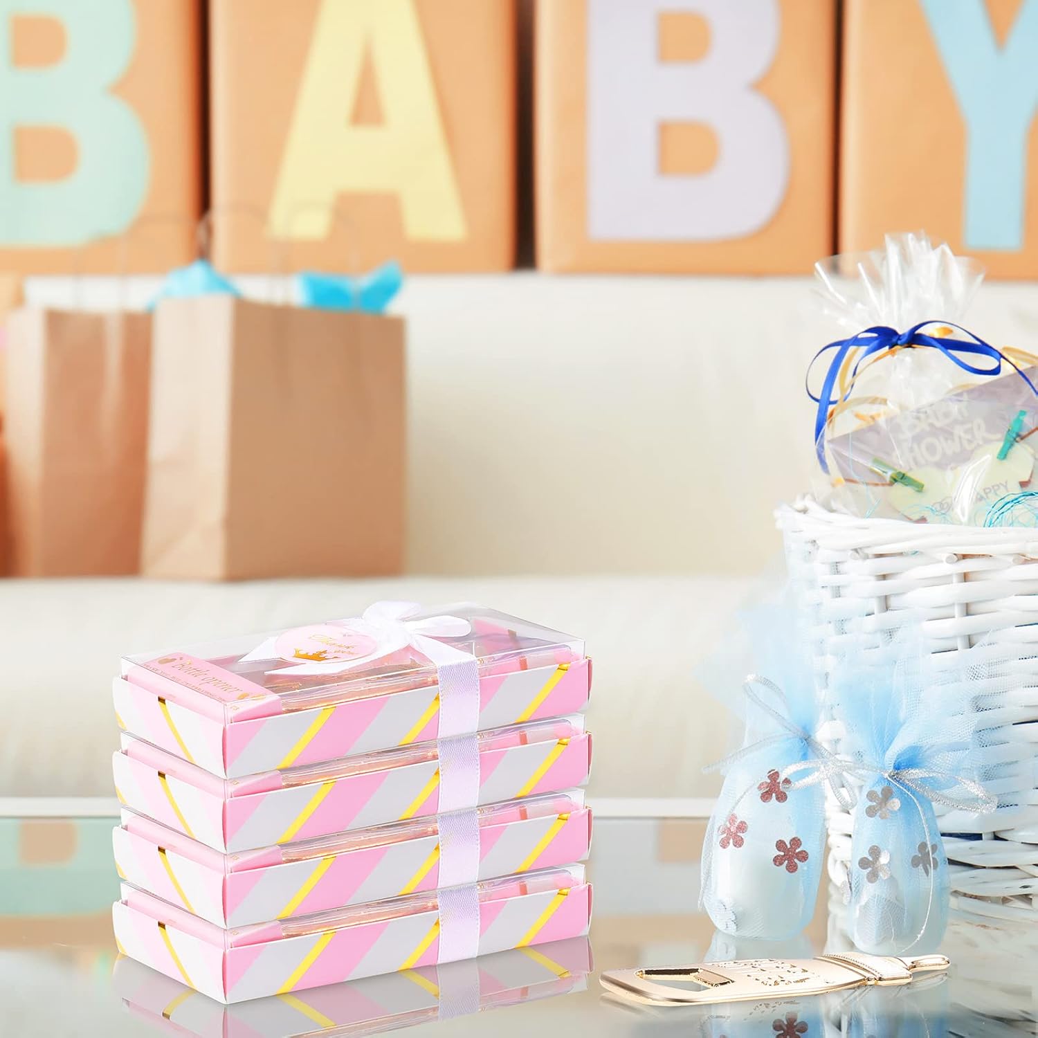 Chengu 50 Pieces Bottle Opener Baby Shower Favor Cute Bottles Baby Shower Souvenirs for Guest Prize Party Winner Boy or Girl Gender Reveal Thank You Present Party Decoration Supplies(Pink Box)
