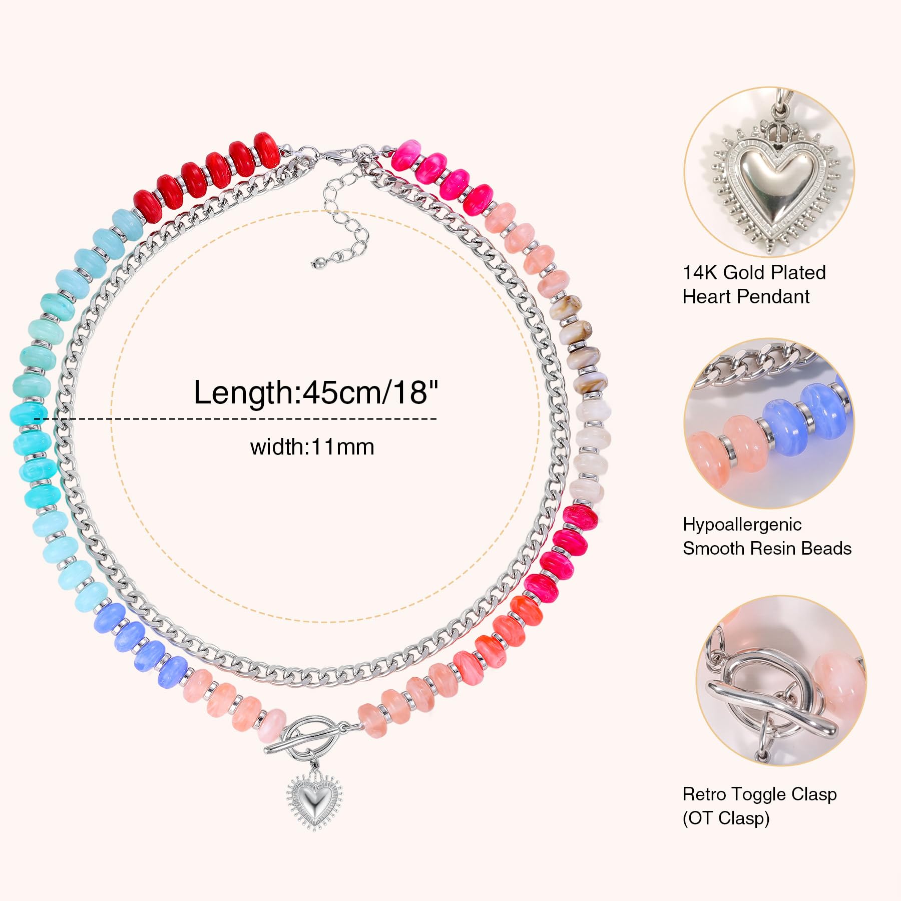 Collana a strati con perline a forma di cuore placcata oro 14 K