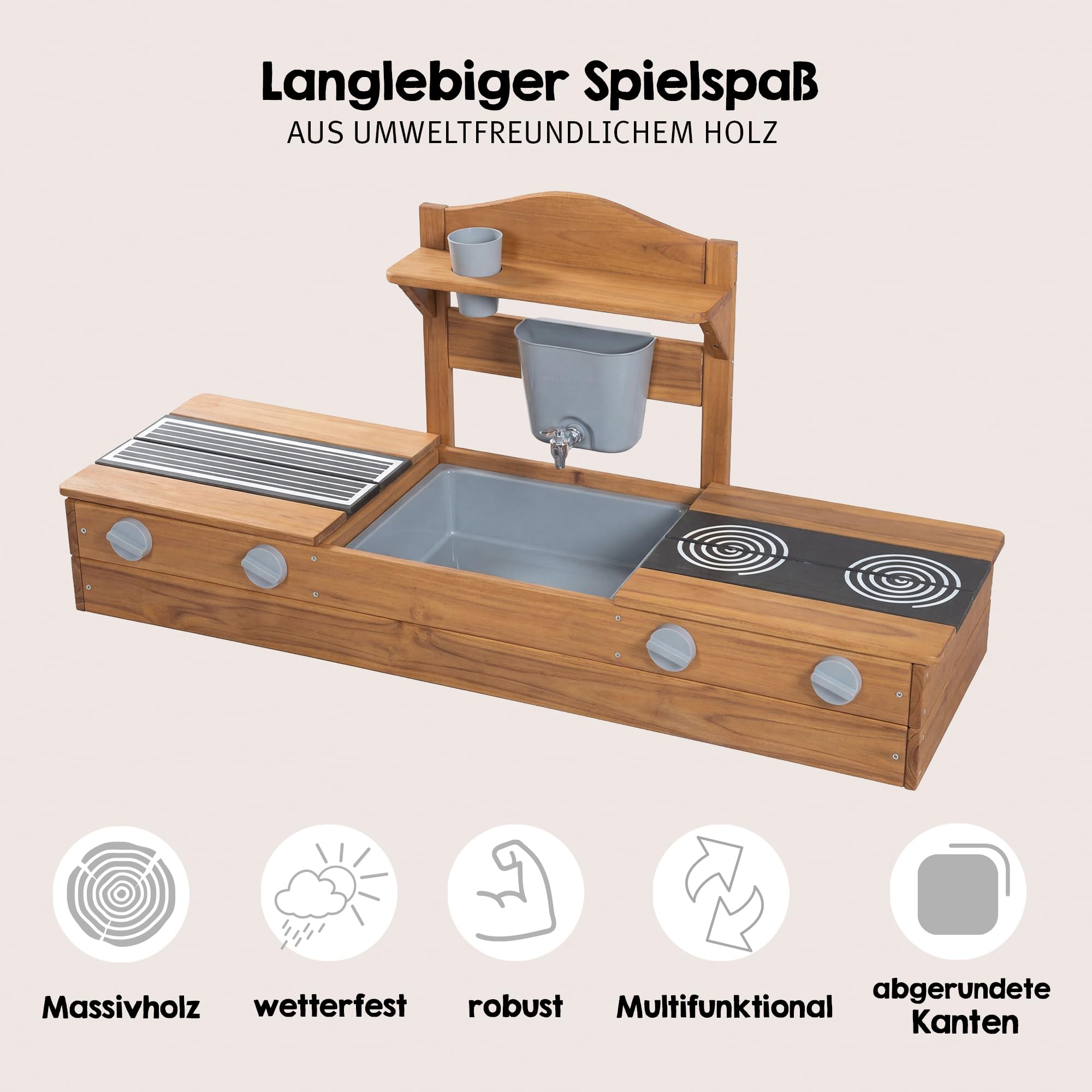 roba 2in1 Balkonsandkasten & Matschküche für Kinder - FSC®-Zertifiziert - Inkl. Zubehör - Kompakte Spielküche für Balkon & Garten - Teakfarben