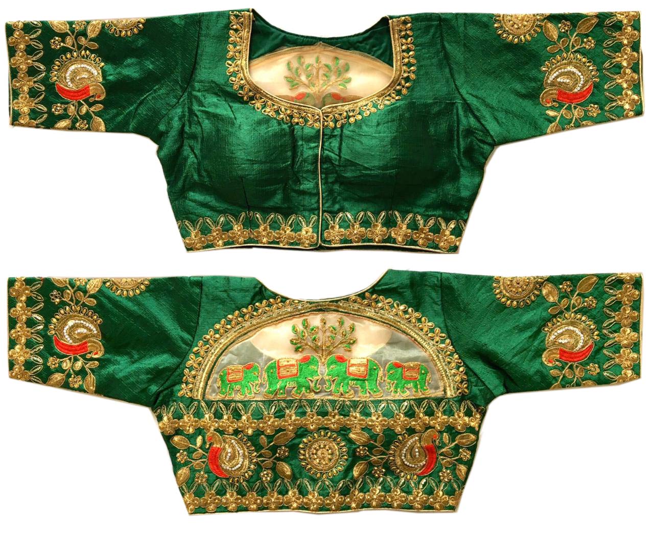 Pujia Mills Women's Phantom Silk Elephant Half Sleeve Saree Blouse (Green, 38)