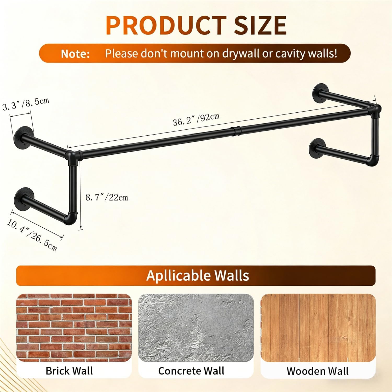 Industrial Pipe Clothing Racks Wall Mount,Wall Mounted Clothes Rack 36in,Heavy Duty Iron Garment Racks,Space Saver Multi-purpose Hanging Rod for Laundry Room,Closet Storage,1 Pack image 2