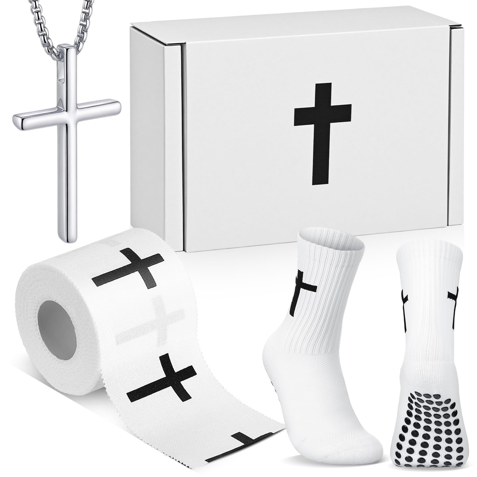 TrelaCo 4 Pack Christian Sports Gift Set with Athletic Tape Sport Socks Cross Necklace Gift Boxes Religious Soccer