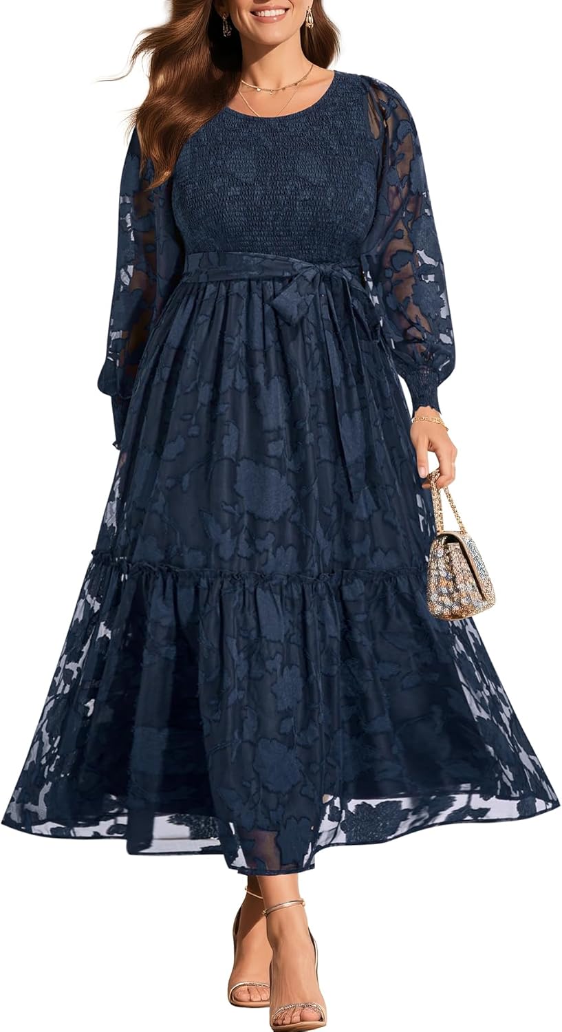 Pinup Fashion Plus Size Fall Dress - 2025 Wedding Guest Long Sleeve Floral Lace Long Dress with Belt