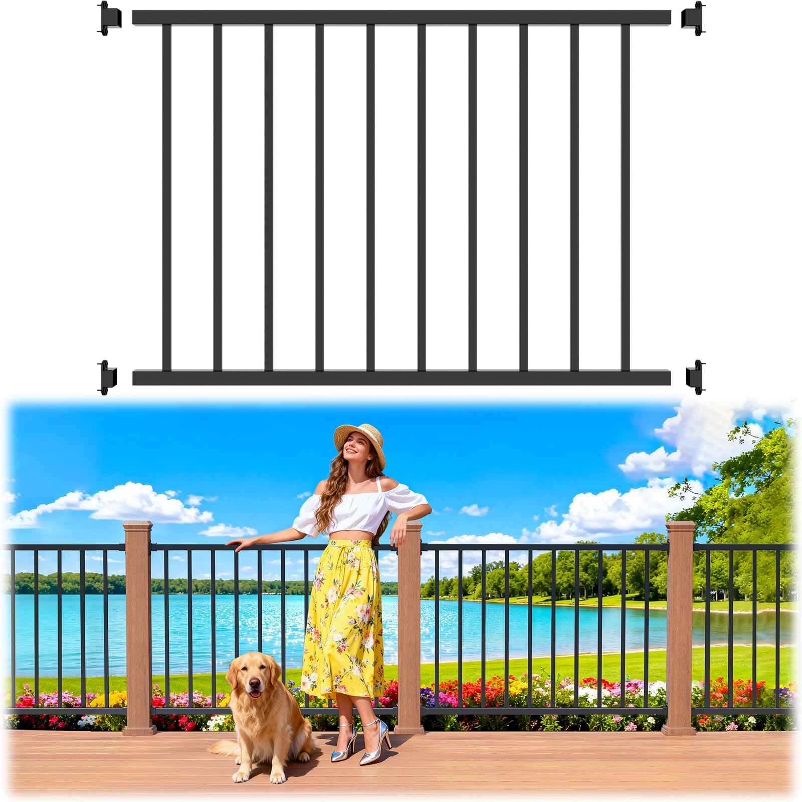 1 Pack 4ft x 36in Aluminum Deck Railing Kits, AAMA 2604–Grade Textured Matte Black Porch Railing Kit, Decking Railings for Outdoor Decks and Porches