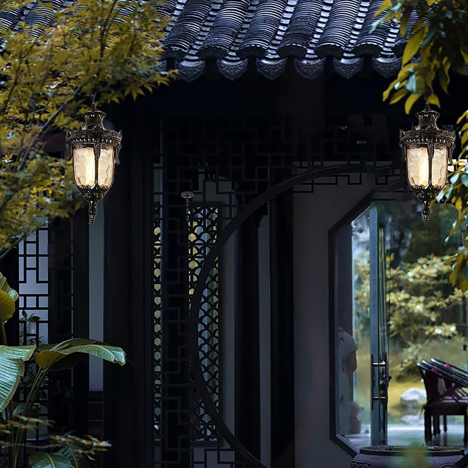 XINYASEE Luce a sospensione da esterno, E27 Luce a sospensione da soffitto impermeabile retrò, Lampadari creativa da esterno in alluminio impermeabile per portico, corridoio, villa(Nero)