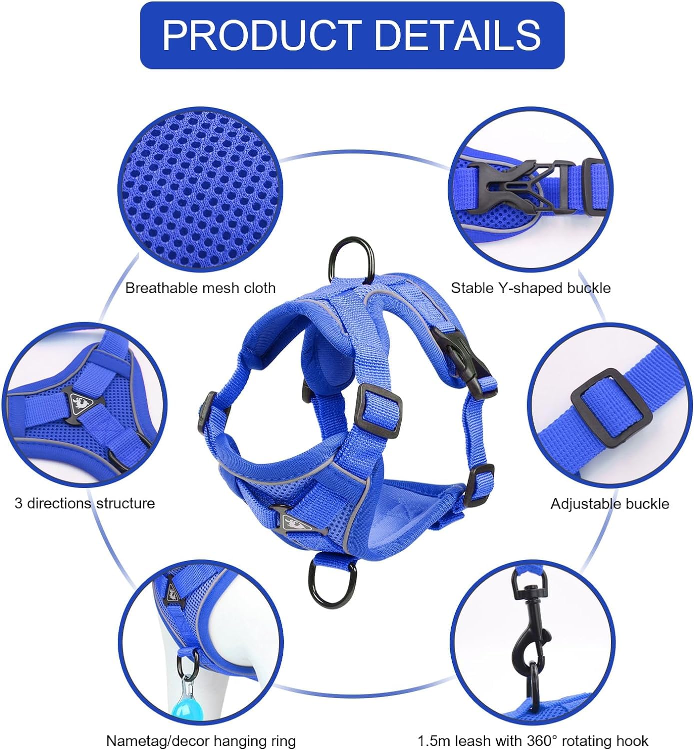 Skmeditec Cat Harness and Leash Set: Upgraded Escape Proof Vest with Lead for Large Cat Small Dog Puppy Walking Soft Jacket with Reflective Strips L Size Blue - Image 3
