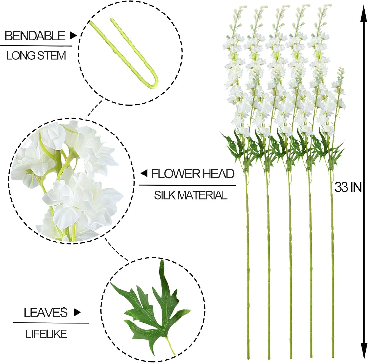 VYZXZAF 5Pcs White Delphinium Artificial Flowers, 33" Long Stem Silk Flower Tall Fake Larkspur Real Touch Faux Floral Plant for Floor Vases Home Kitchen Indoor Wedding Decor (White, 5Pcs)