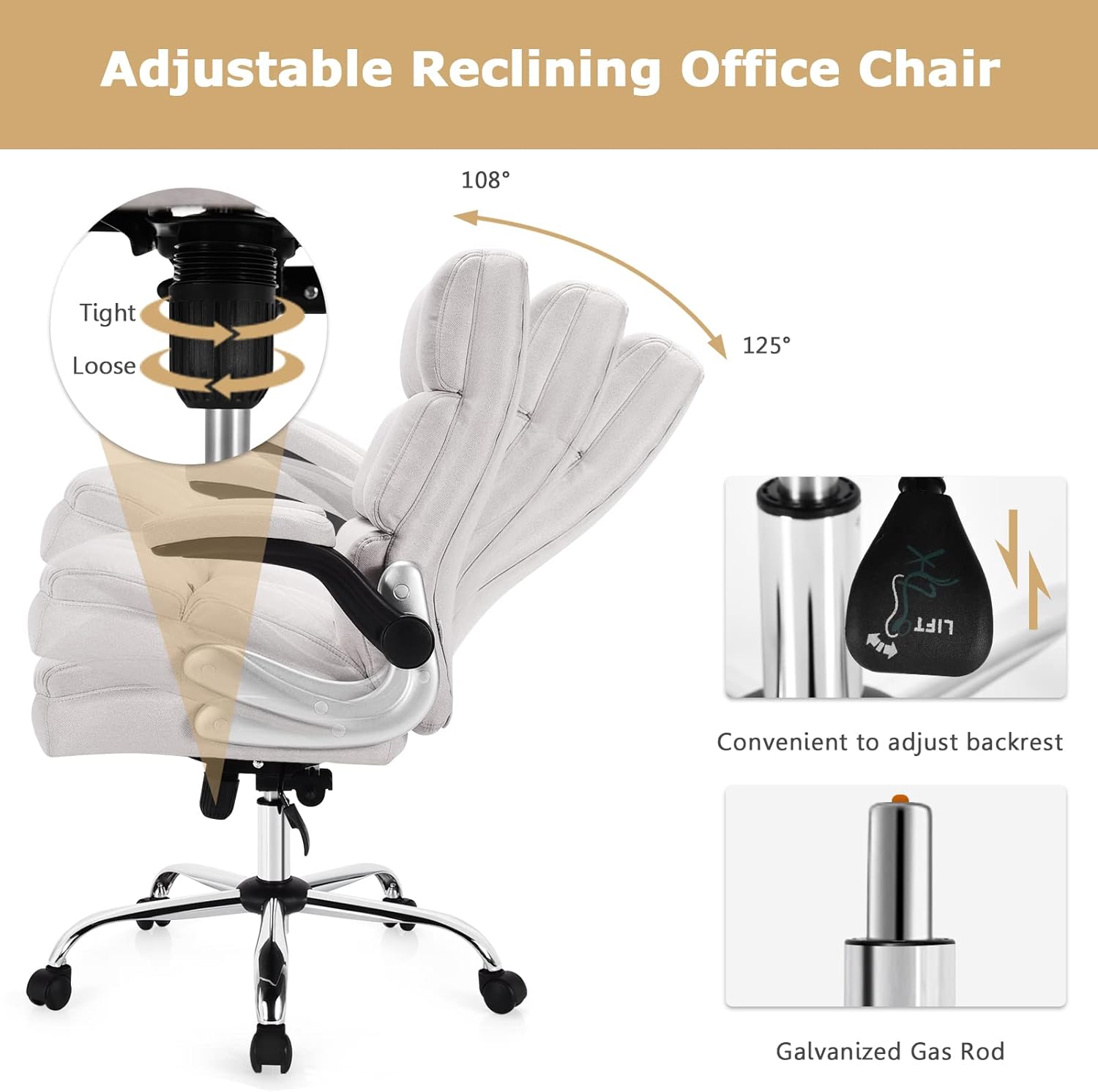 Giantex Executive Office Chair, Big and Tall Ergonomic Computer Chair, Adjustable Tilt Angle and Flip-up Armrest Linen Fabric Upholstered Chair with Thick Padding, High Back Managerial Chair (Beige)