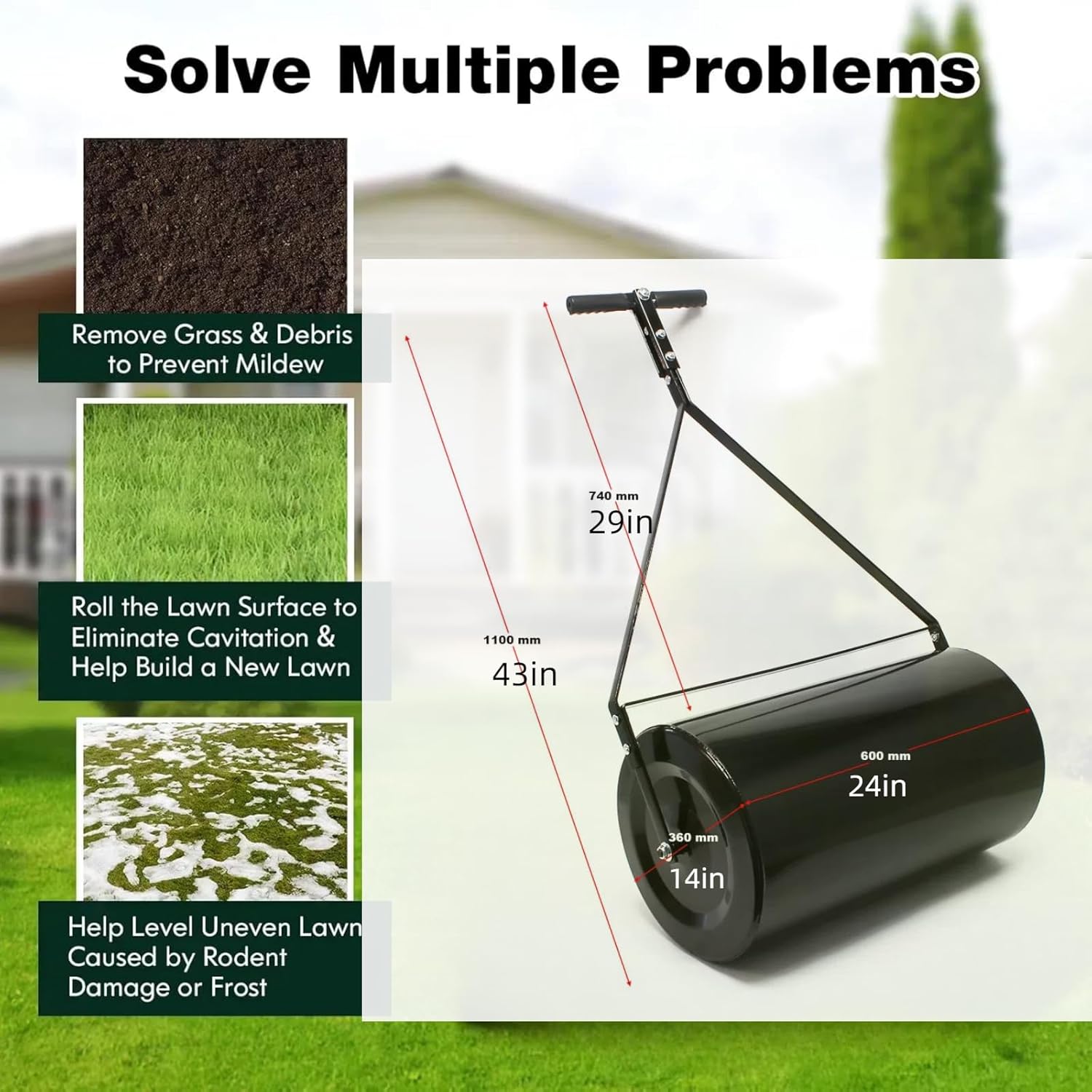 Lawn Rollers,Combination Push/Tow Poly Lawn Roller with Easy Turn Tethered Plug,Durable Iron Garden Lawn Roller, 14 by 24", for Lawn and Garden Tractors (60L/16 Gallon)