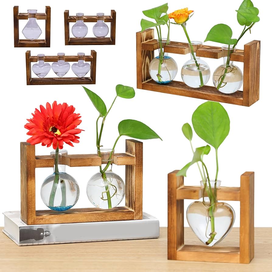 Amazon.co.jp: フラスコ 花瓶 ガラス 木製 フラワーベース 水耕栽培