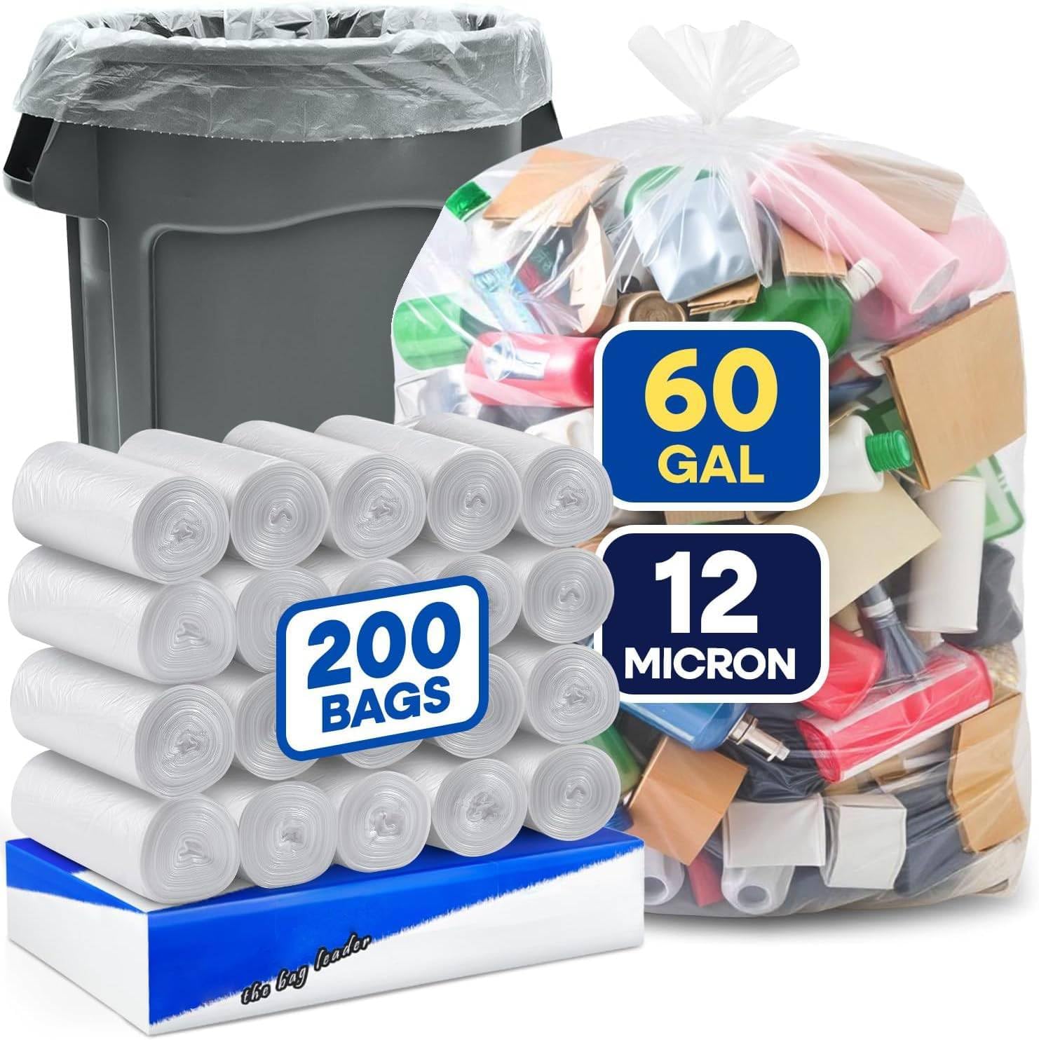 Plexon 55-60 Gallon Clear Trash Bags, W x 38 in, L x 60 in, 12 Micron High-Density Can Liners, Leak-Resistant Garbage Bags, Fits Round & Square Cans, Pack of 200
