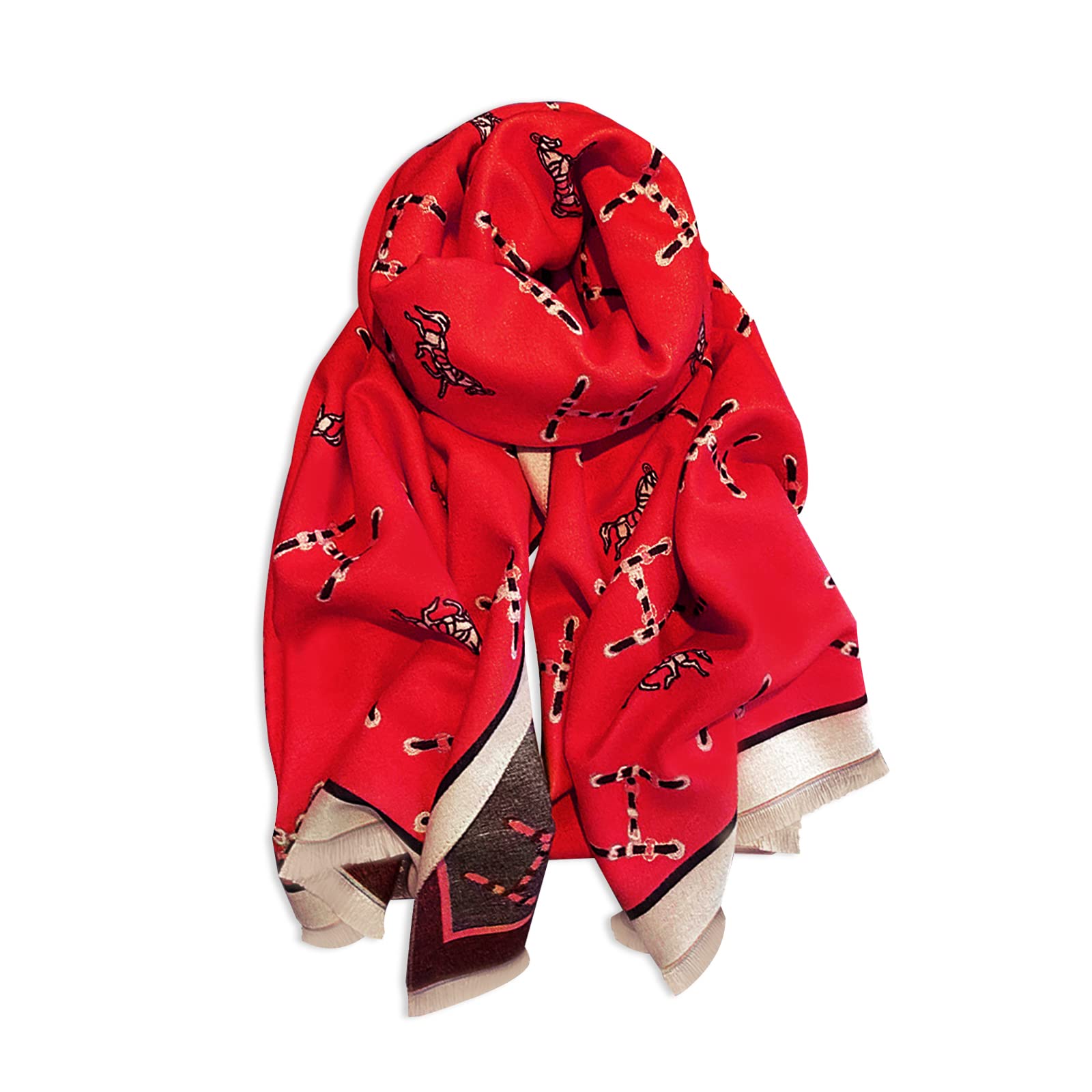 Lumisyne Women's Red Winter Scarf Cashmere Shawl For Letter And Retro Horse Pattern Warm Pashmina Scarves With Tassel Soft Long Wraps Stole