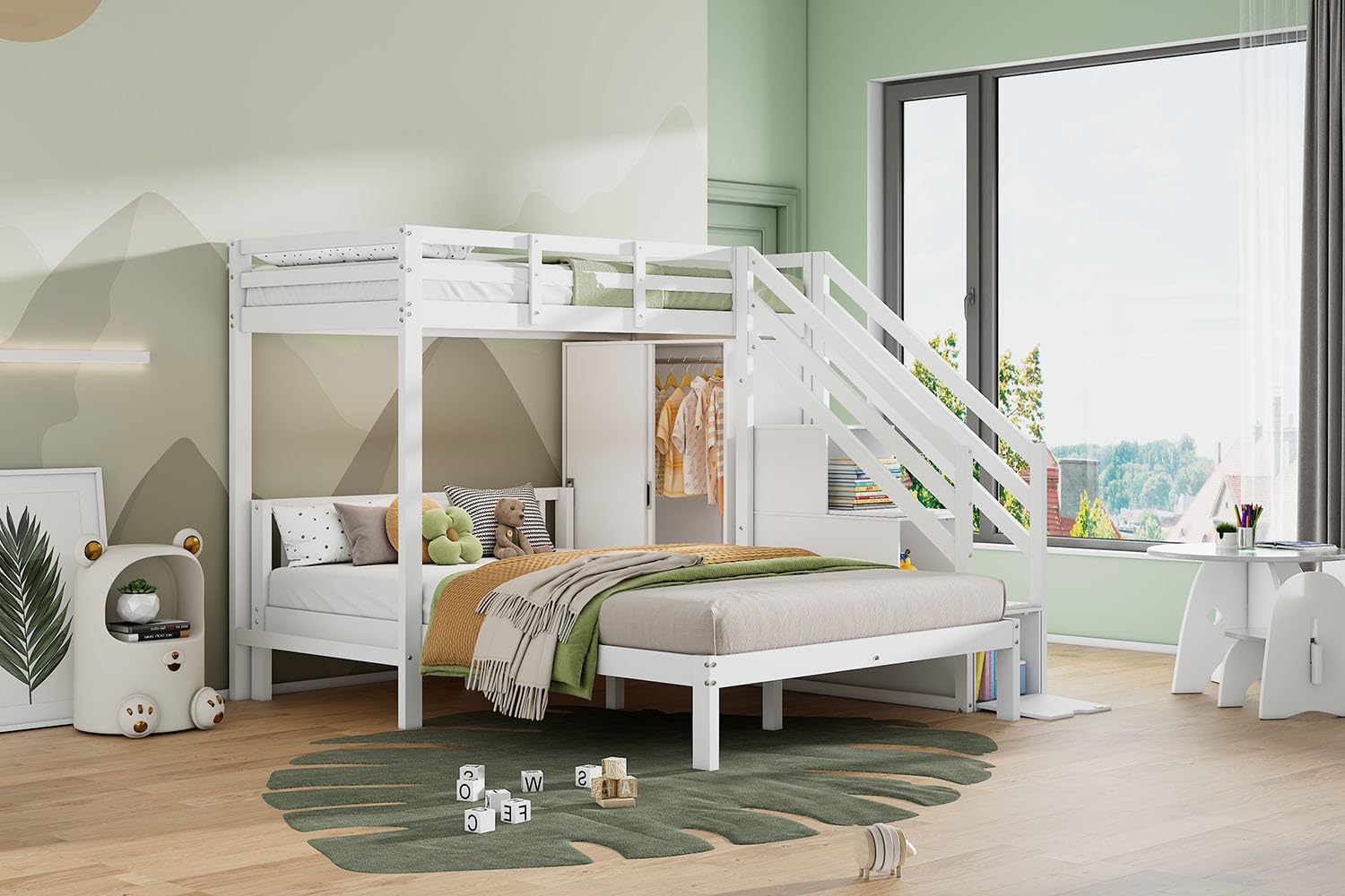 Letto A Castello 140x200 cmSopra 140x200 cm, In Legno Con Armadio Integrato, Scala Contenitore, Ripiani E Sponde Alte, Letto A Castello 3 Posti Per Camera Condivisa
