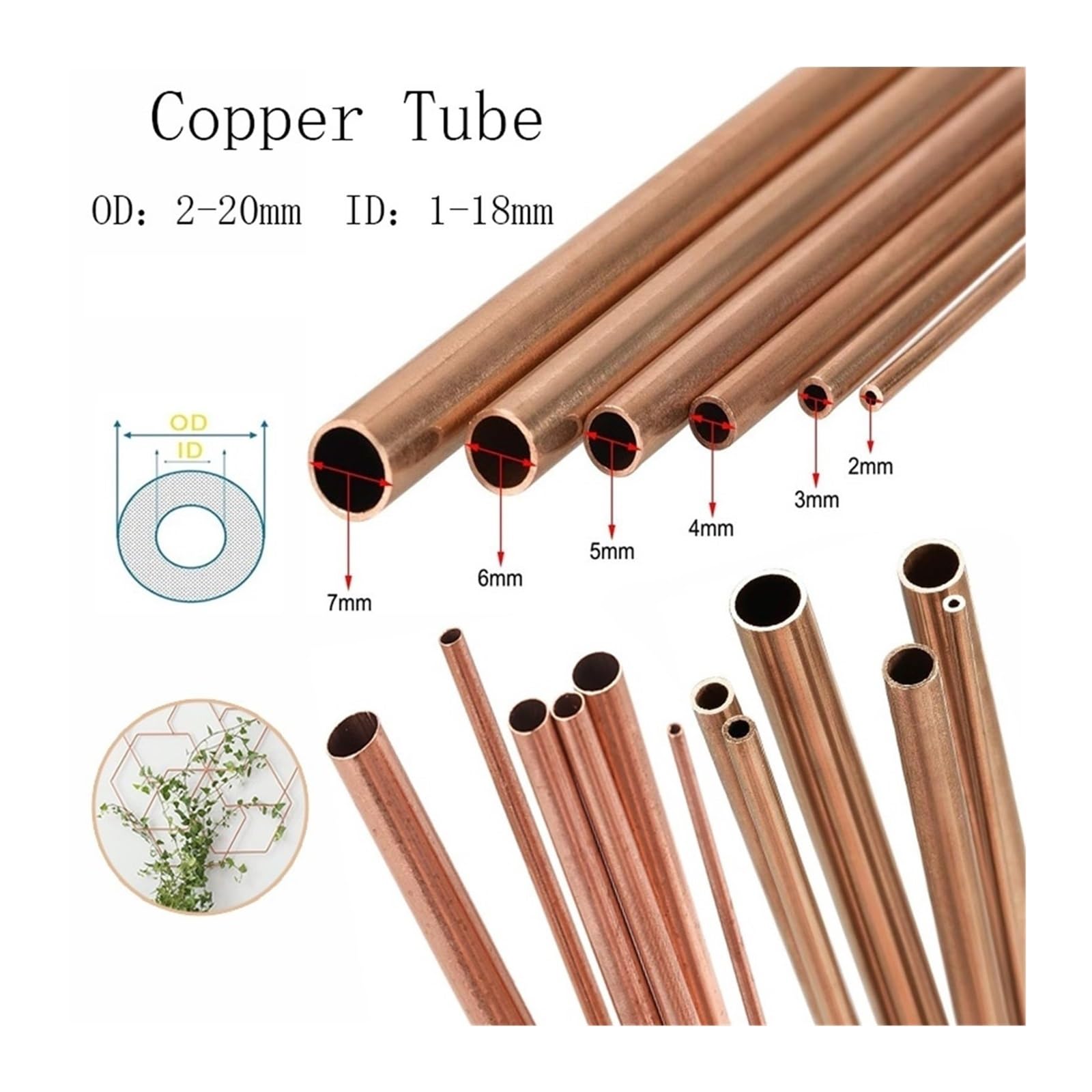 Tubo di rame decorativo rotondo cavo senza saldatura fai da te, quantità 1 pezzo, lunghezza 500 mm(OD 16 x ID 14mm)