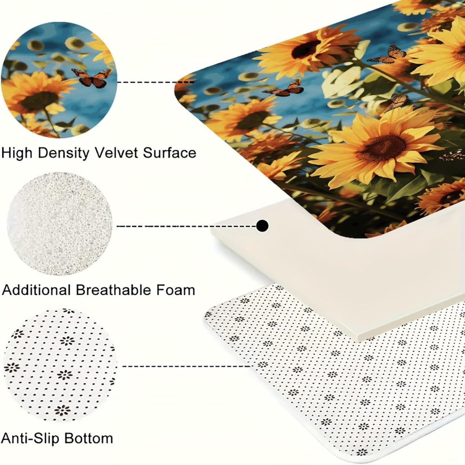 Sunflowers and Butterflies Kitchen Mat Washable Non Slip Rugs Soft Kitchen Mats for Floor Set of 2 PCS Cushioned Absorbent Runner Standing Rugs for Home Sink Laundry Office