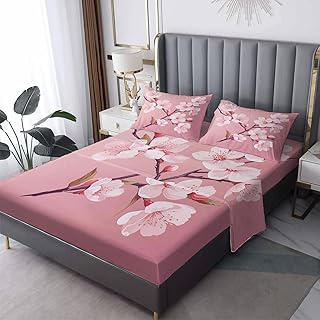 GEDAEUBA Cherry Blossom Sheets Twin Size - Sakura Bed Sheets for Kids Boys Girls, Pink Floral Sheet Set with Deep Pocket Fitted Sheet, Soft Microfiber Wrinkle Free Bedding Set