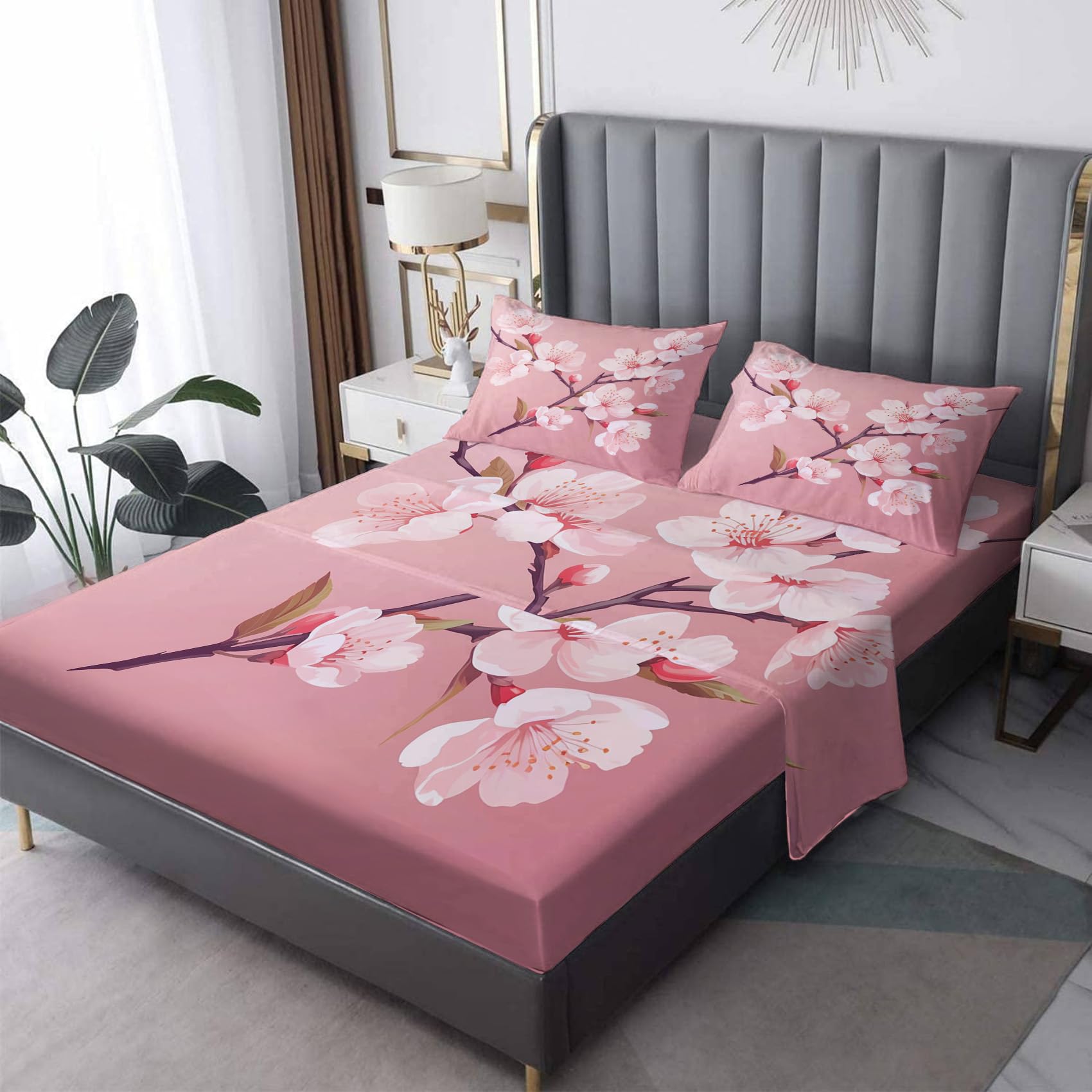 Cherry Blossom Sheets Full Size, Pink Floral Bed Sheets, Patterned Bedding Sheets & Pillowcases 4 Piece Set - Soft Microfiber Deep Pocket Fitted Sheet