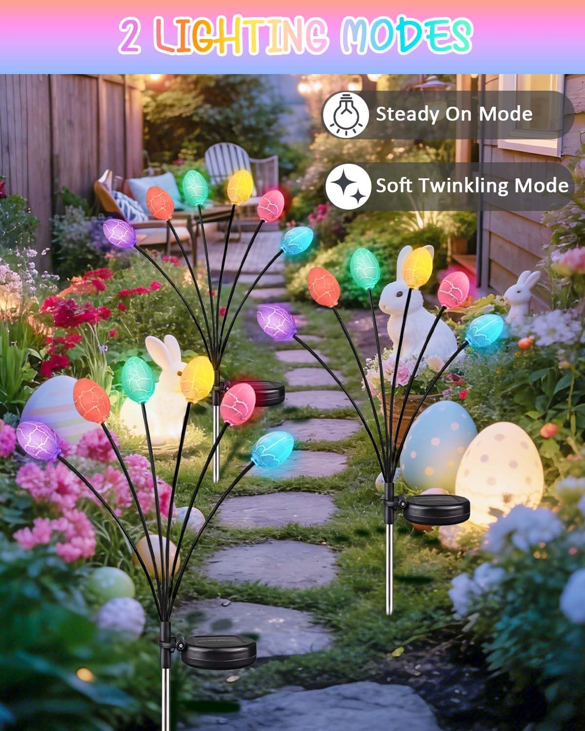 Upgraded 4 Pack Solar Easter Egg Lights Outdoor, Colorful Swaying Firefly Lights with 2 Lighting Modes, Waterproof Solar Pathway Lights for Spring Garden Lawn Yard Patio Porch Easter Decorations