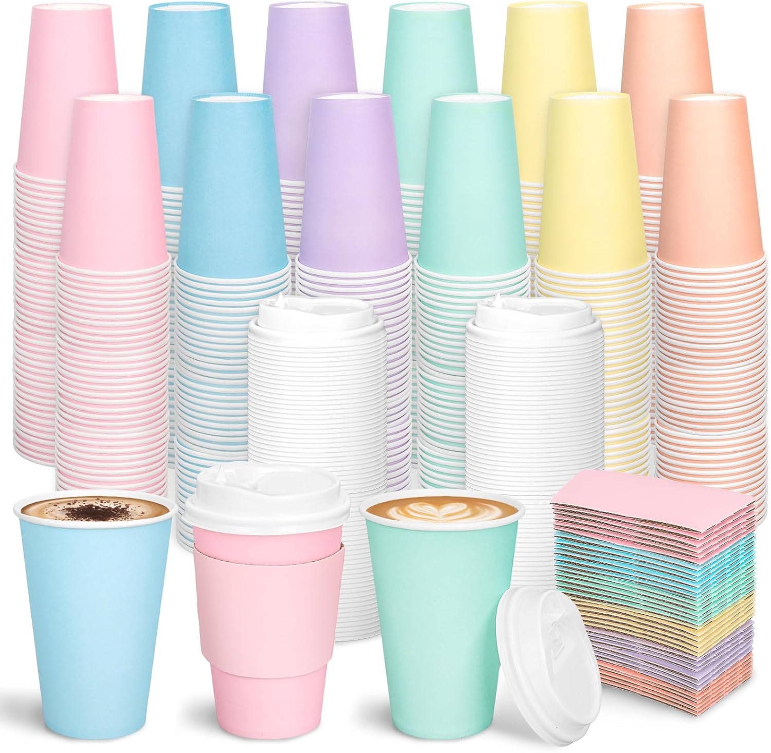 Whaline 120 Set Spring Easter Disposable Coffee Cups with Lids and Sleeves 12 Oz Pastel Color To Go Travel Paper Drinking Cups for Hot Cold Beverage Silly Goose Wedding Birthday Baby Shower Tea Party