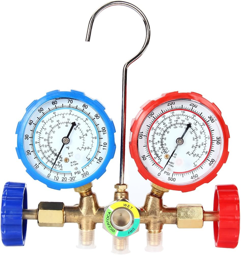 Orion Motor Tech Conjunto de manômetro de diagnóstico AC de 3 vias para carregamento de Freon, se encaixa nos refrigerantes R134A R12 R22 e R502, com mangueira 5FT, adaptadores de tanque Acme