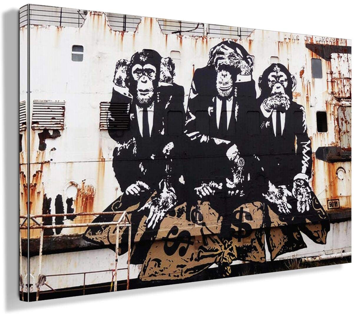 MJEDC Banksy Bilder Leinwand 3 Affen Bild Graffiti Street Art Leinwandbild Fertig Auf Keilrahmen Kunstdrucke Wohnzimmer Wanddekoration Deko XXL (60x90cm(23.6x35.4inch))
