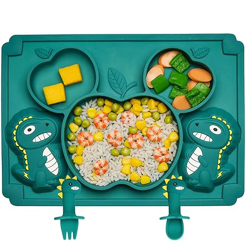 Juego de 3 manteles individuales de silicona con forma de dinosaurio para niños pequeños, con cuchara y tenedor, plato dividido para bebés, niños y