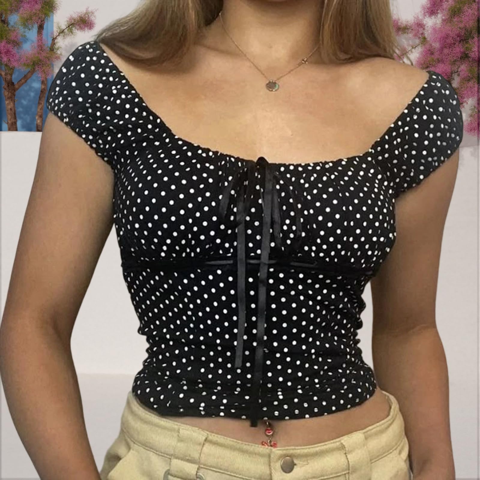 GXNRHG Top Babydoll a Pois da Donna, Scollo Quadrato Estivo, Peplo Fluido, Top Civetta, Magliette per Neonati, Y2k Streetwear