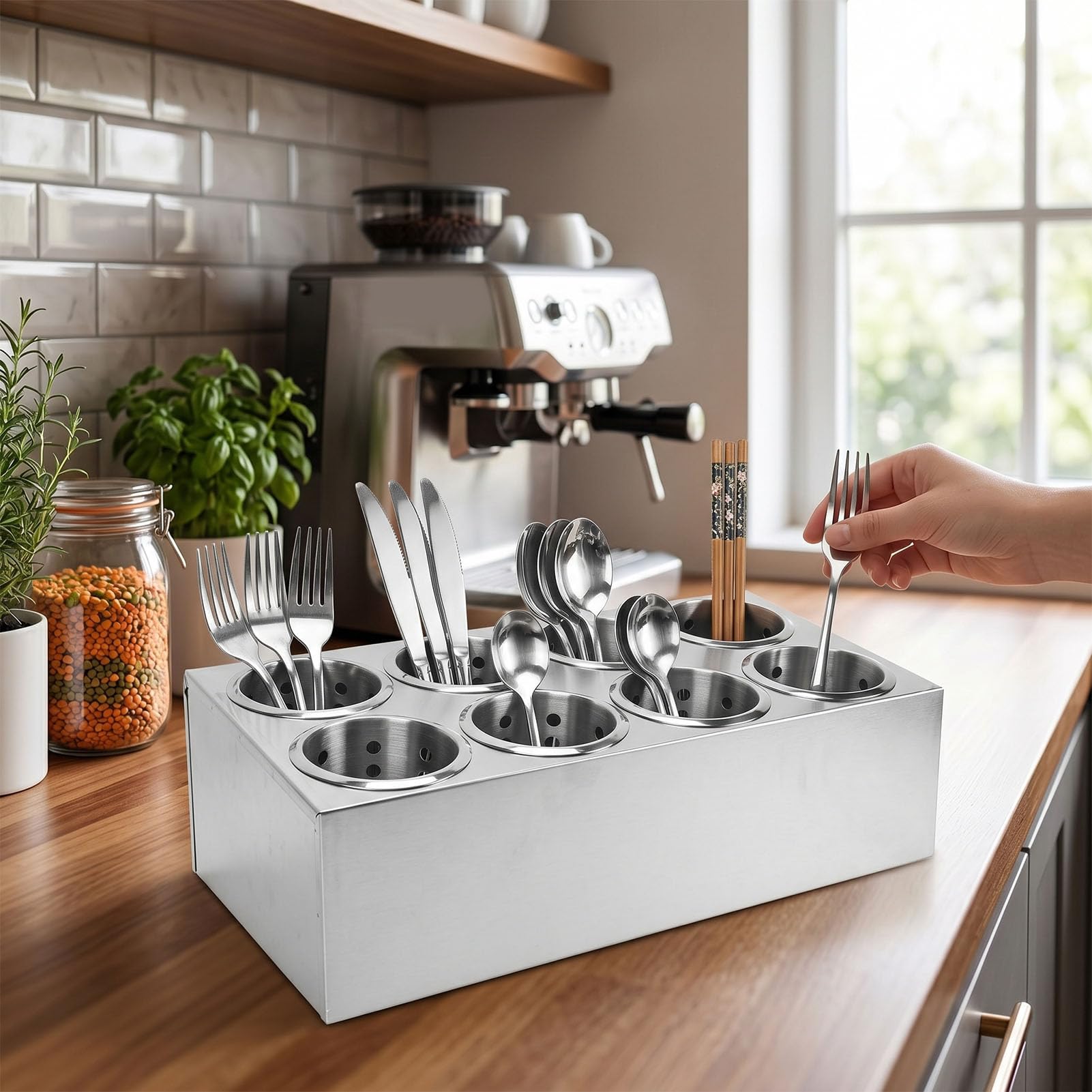 Soporte para Utensilios Cubiertos Cilíndricos 8 Compartimentos, Organizador Comercial Utensilios de Acero Inoxidable para Cucharas, Cuchillos y Tenedores, para Mesa Cocina