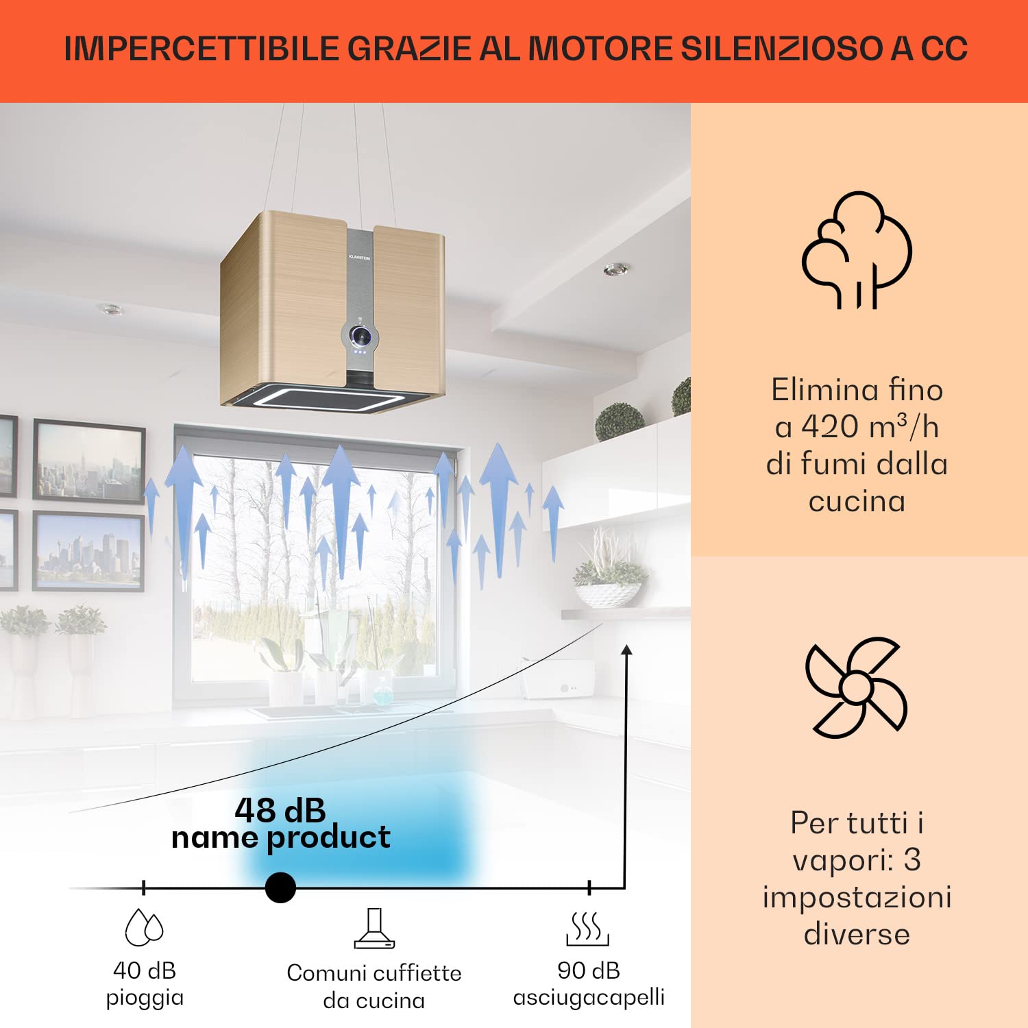 Klarstein Futurelight Smart - Cappa Aspirante, Funzione di Ricircolo con una Potenza Aspirante di 420m³/h, Cappa a Isola con Illuminazione a LED, Acciaio Inox, Oro