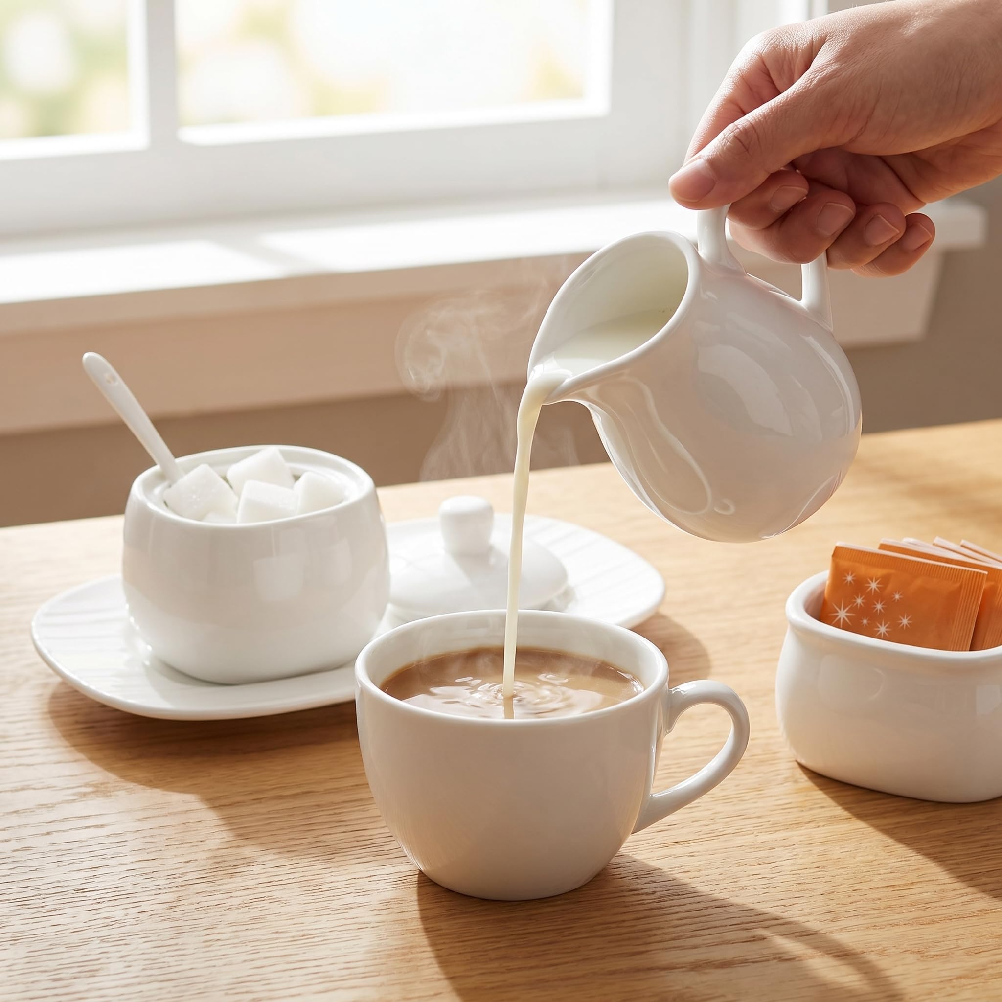 Dicunoy Juego de 4 azucareros y crema con tapa, jarra pequeña blanca con asa, cuchara, bandeja, recipiente de cerámica para edulcorantes para café, té, leche
