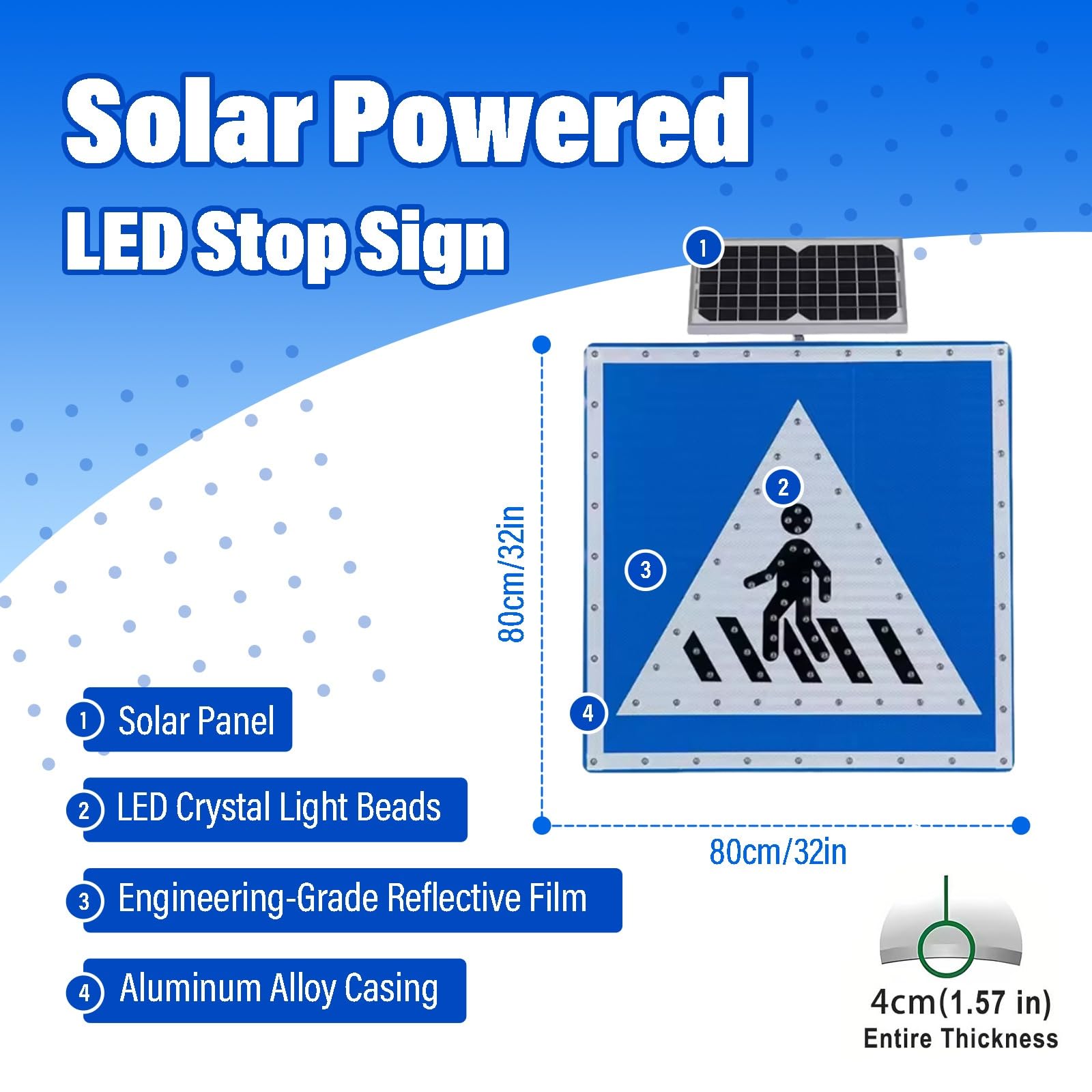 Cartel LED Paso Peatonal Solar Señal De Tráfico Luminoso Intermitente Con Activación Automática Nocturna Para Estacionamientos Calles Y áreas Urbanas(32in)