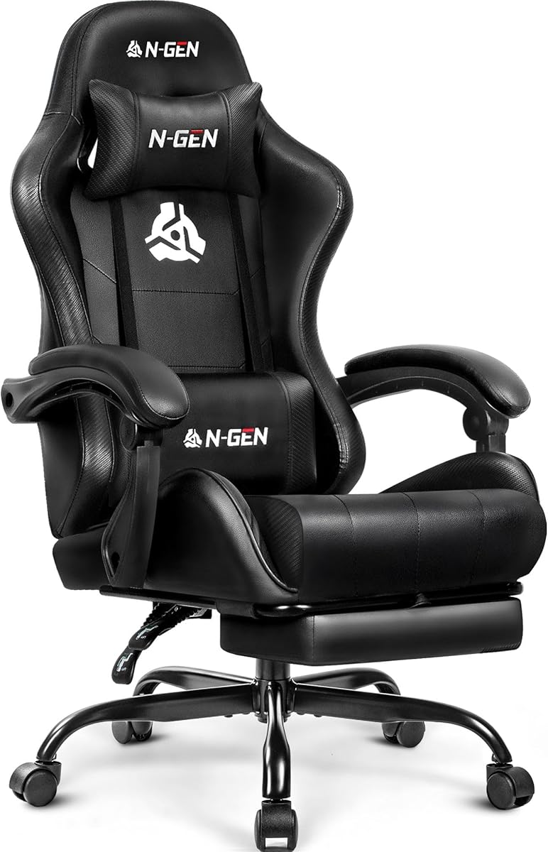 N-GEN GAMING Video Gaming Chair with Footrest Lumbar Support for Home Office High Back Recliner Height Adjustable Ergonomic Comfy Leather Computer Desk Chair (Black)