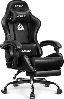 N-GEN Gaming Chair with Footrest Lumbar Support - Ergonomic High Back Recliner for Gaming Office 300lbs Black PU Leather