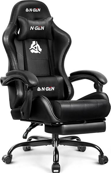 N-GEN GAMING Video Gaming Chair with Footrest Lumbar Support for Home Office High Back Recliner Height Adjustable Ergonomic Comfy Leather Computer Desk Chair (Black)