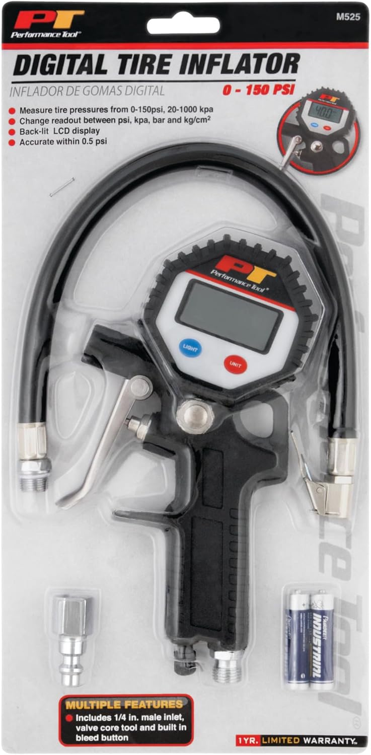 Performance Tool M525 Digital Tire Pressure Gauge, Straight Lock-On Air Chuck, LCD Backlit Screen, Digital Tire Inflator with hose