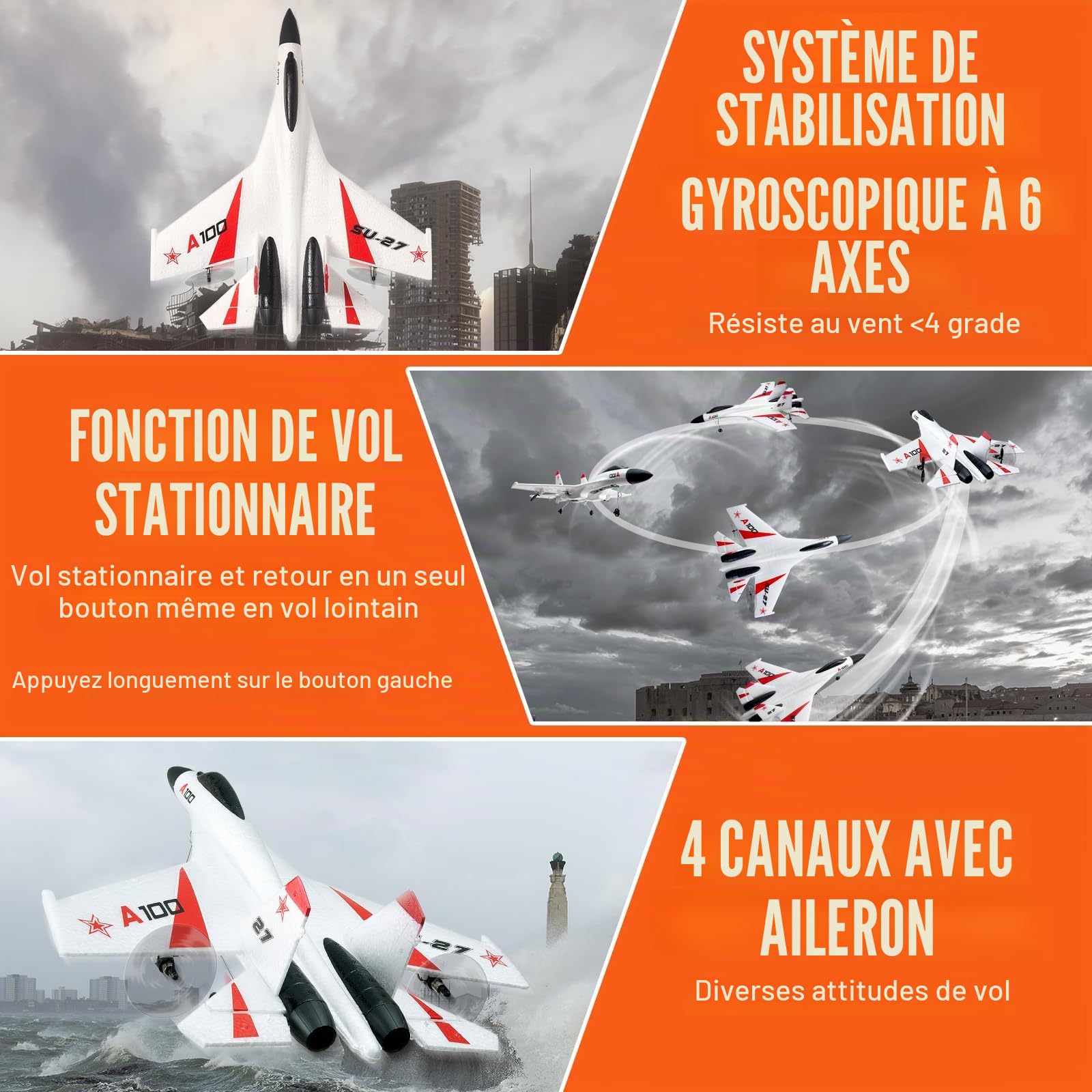 VEVOR Avion RC télécommandé 2,4 GHz 4 canaux stabilisateur gyroscopique 6 axes mousse EPP prêt à voler