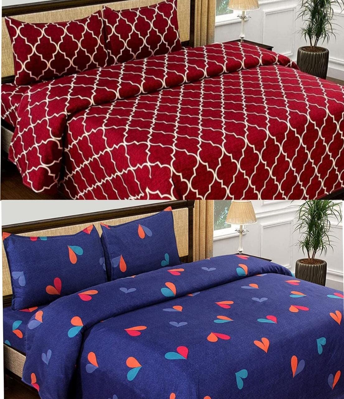 Soniasaa Combo Pack of 2 Double Bedsheet with 4 Pillow Covers 185 TC Soft Brushed CottonBlend