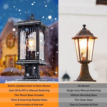 2 Packs Dusk to Dawn Outdoor Post Light with Pier Mount Base - Hard Wired Pole Outdoor Lighting, Waterproof Black Pillar Lantern Outside with Tempered Rippled Glass for Pathway, Garden, Patio